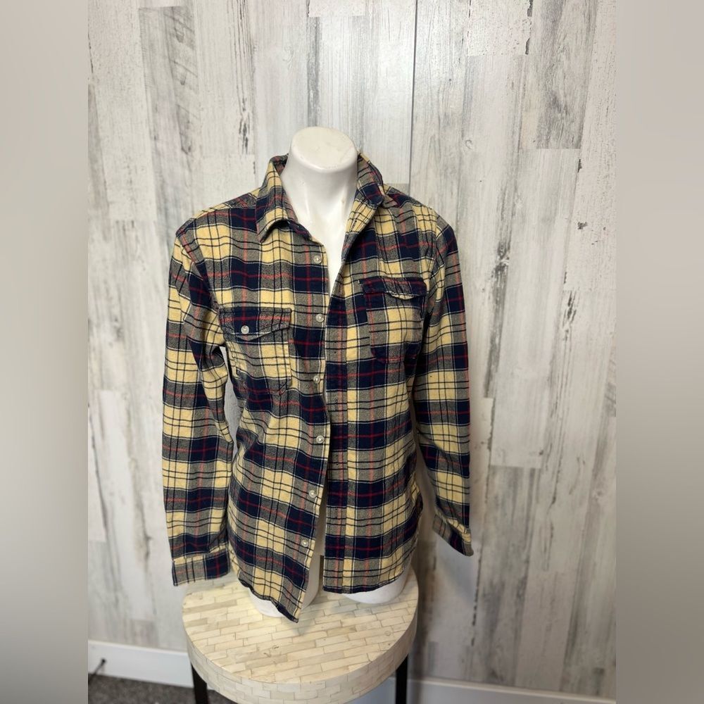 MeronaβPlaid Flannel Button Down Shirt Womens Small Yellow Navy Blue Tartan Top